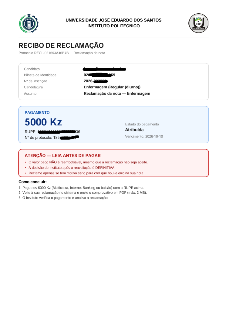 Exemplo de recibo de reclamação, com os dados do candidato e do pagamento